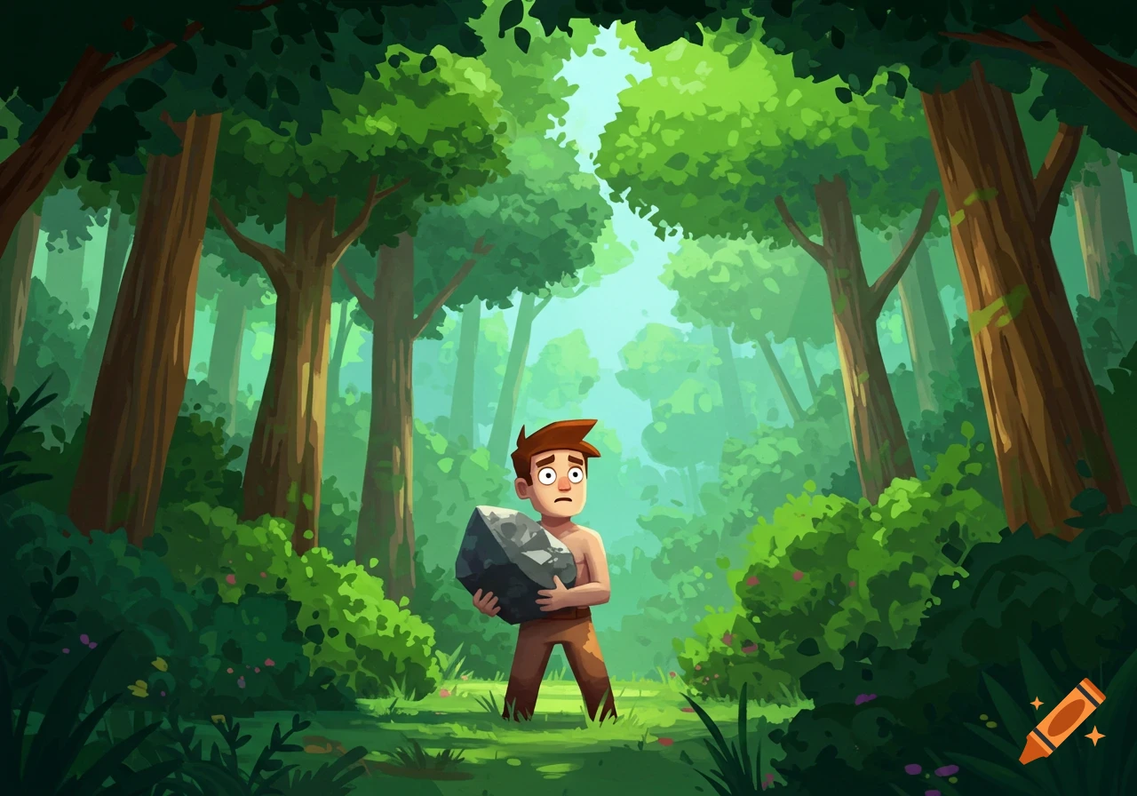A nervous-looking cartoon man holds a rock in a dense, lush forest.