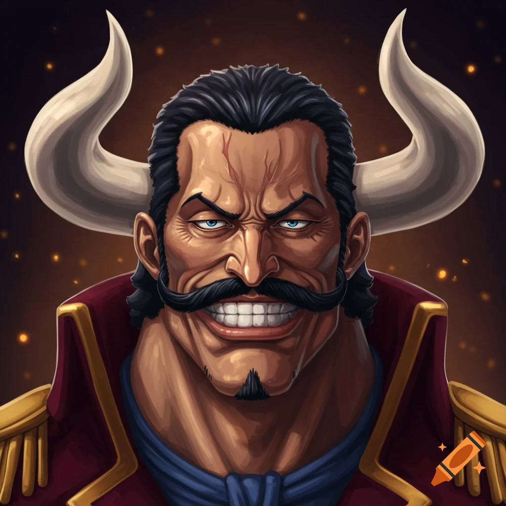 Anime portrait of a muscular man with a large mustache, horns, and a scar, grinning widely in a red coat.