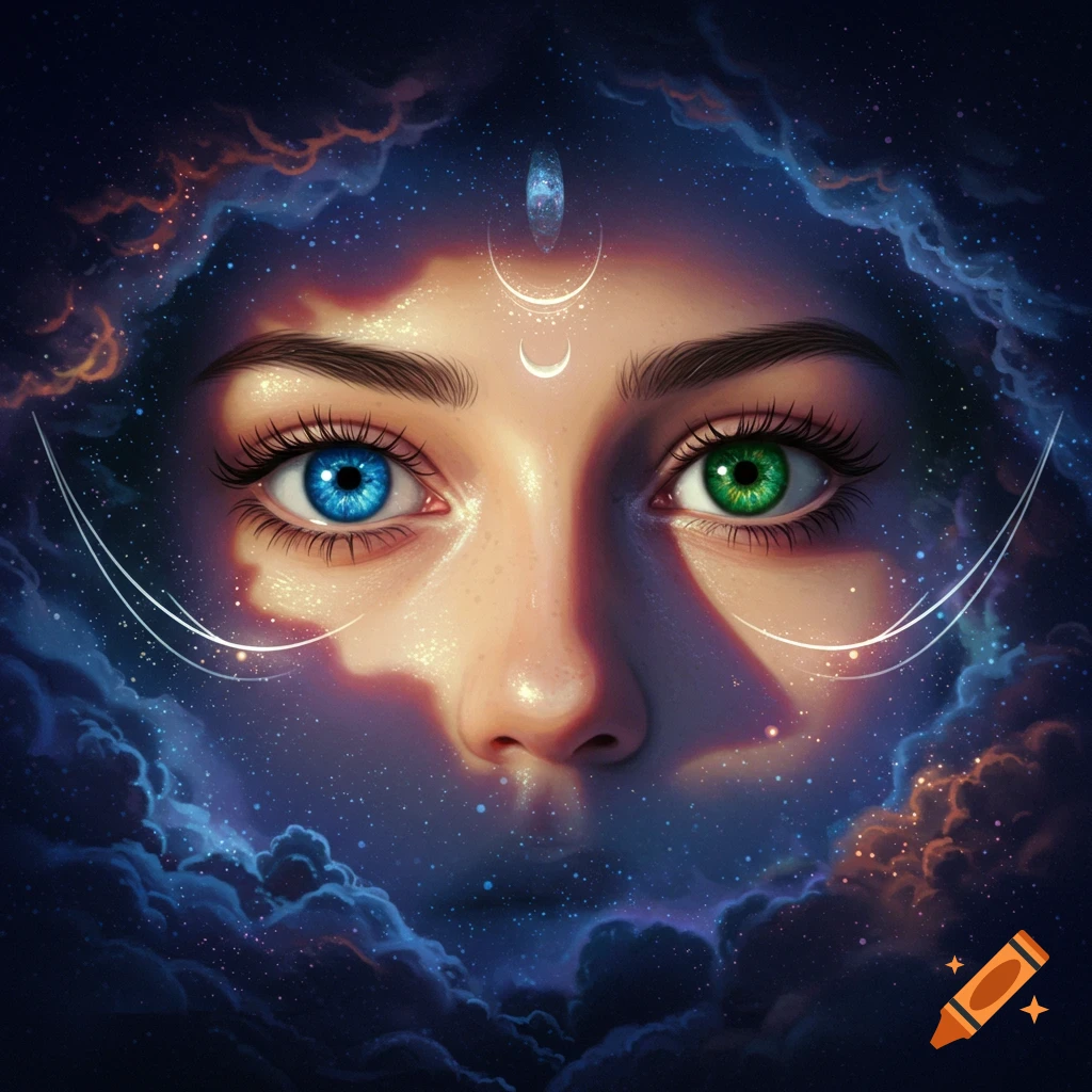 Close-up of a person's face with heterochromia (one blue, one green eye) in a cosmic nebula with stars and moon symbols.