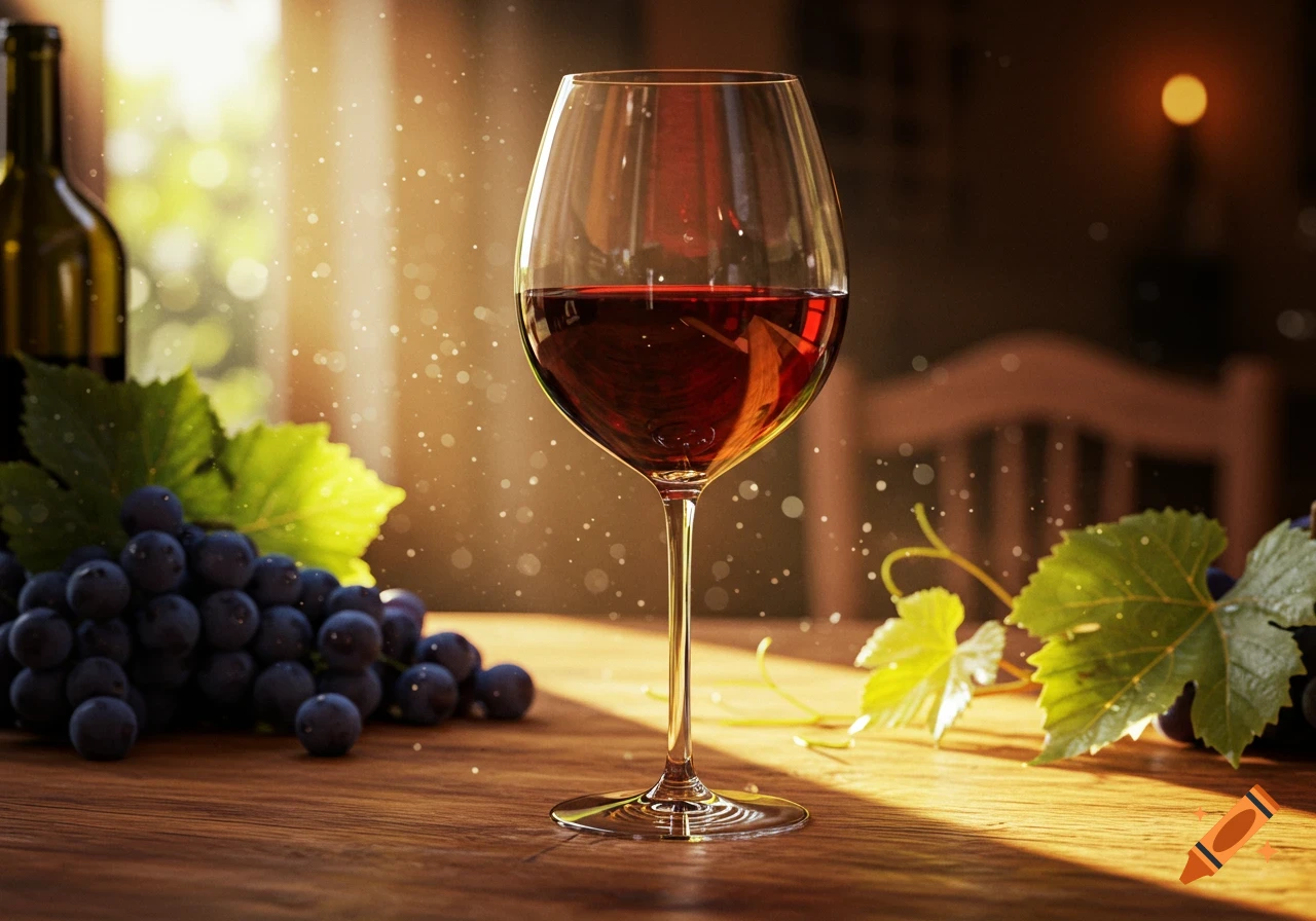 A photorealistic image of a glass of red wine, a bottle, and grapes on a wooden table, lit by warm sunlight.