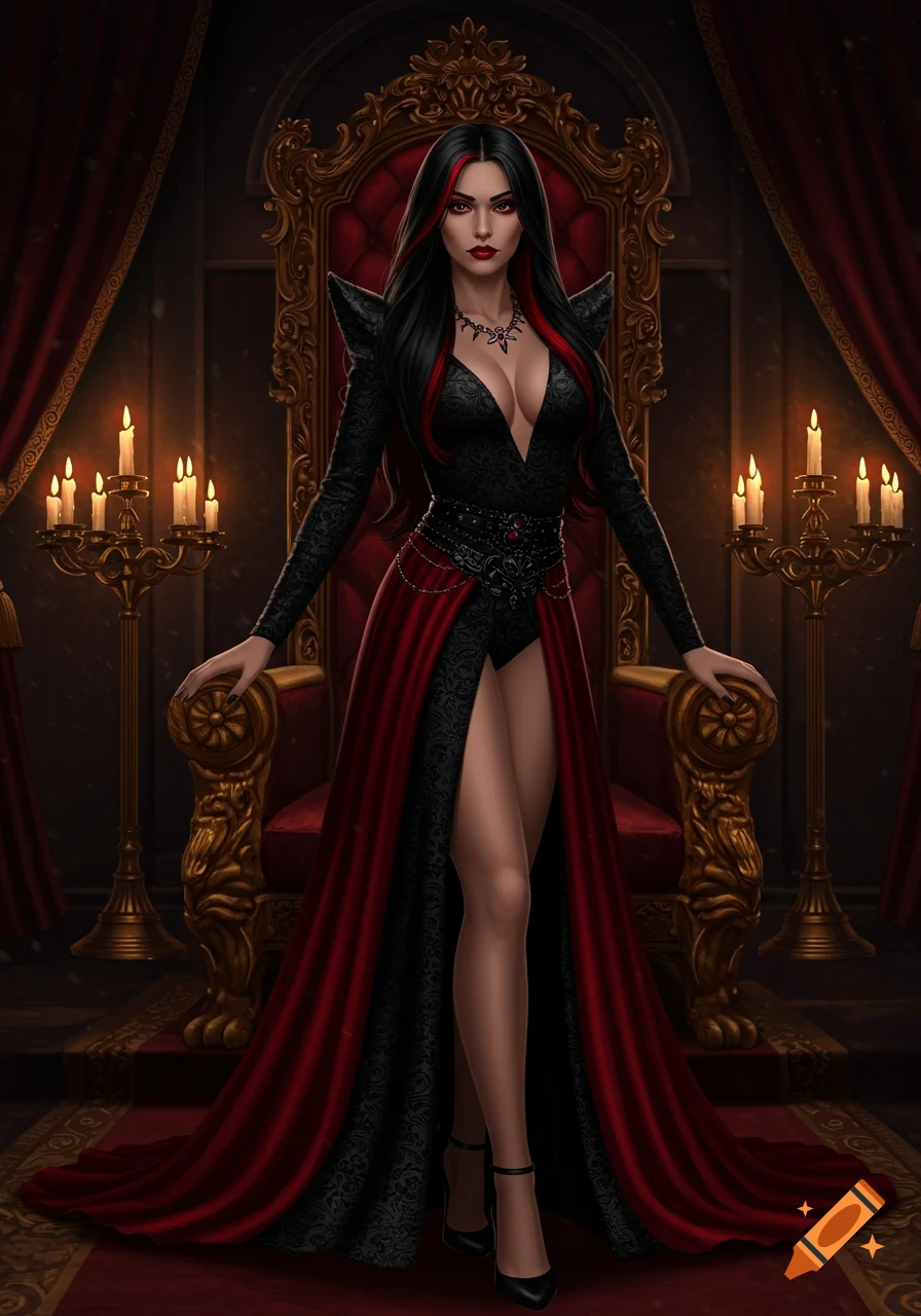 A dark queen with black and red hair, red eyes, and a black and red gown stands before a golden throne in an opulent, candlelit chamber.
