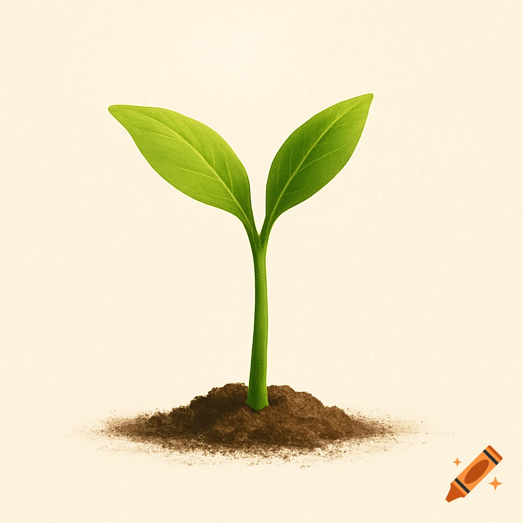 A vibrant green sprout with two leaves grows from a small mound of brown soil on a light background in a clean, illustrative style.