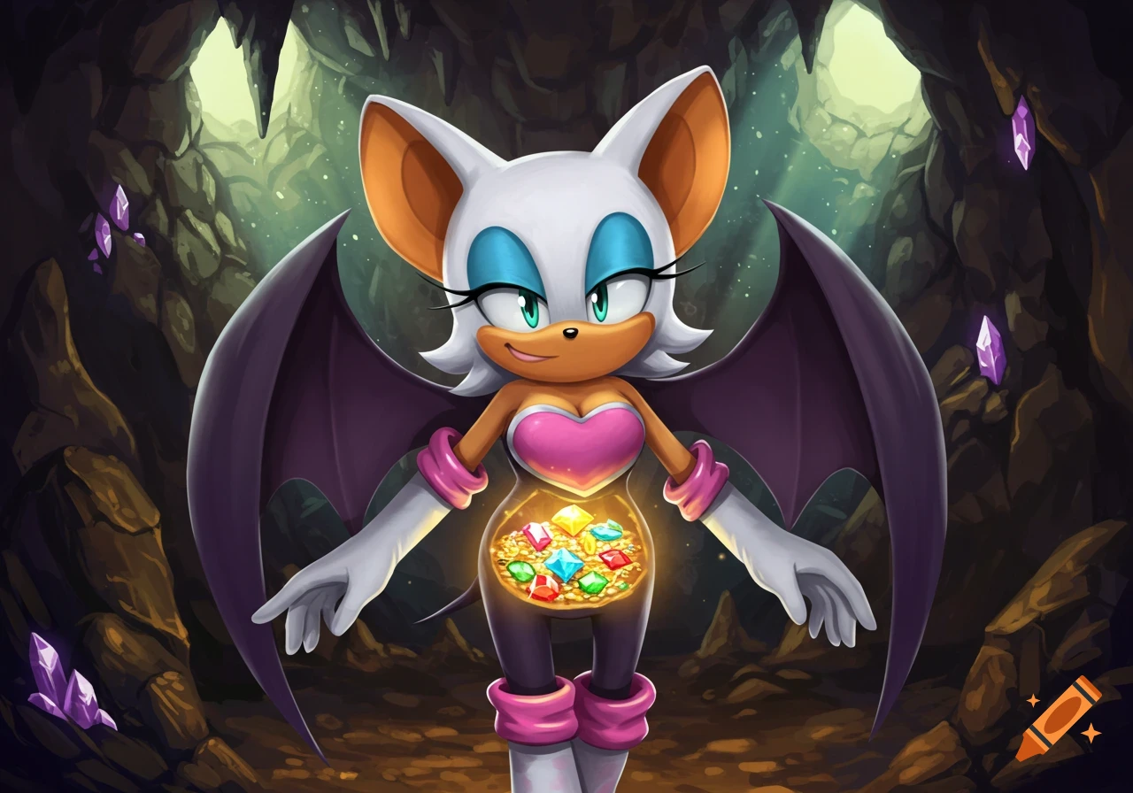 Rouge the Bat from Sonic stands in a dark cave, a heart-shaped cutout in her belly reveals glowing colorful gems.