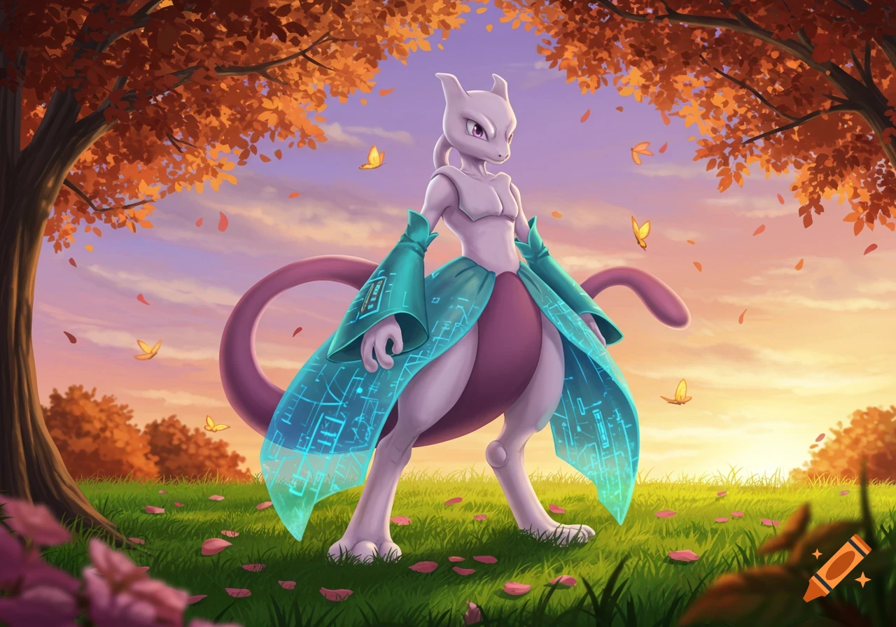 Mewtwo stands confidently in a teal, flowing outfit with glowing circuit patterns, in an autumn forest clearing at sunset.