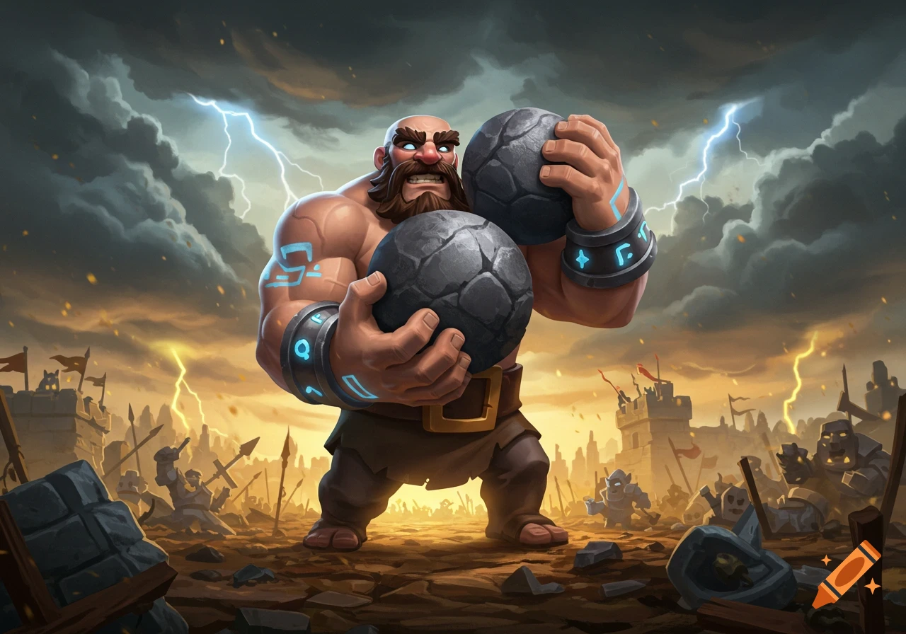 A muscular, bald, bearded giant character holding two large stones against a stormy battle background with lightning and castle ruins.