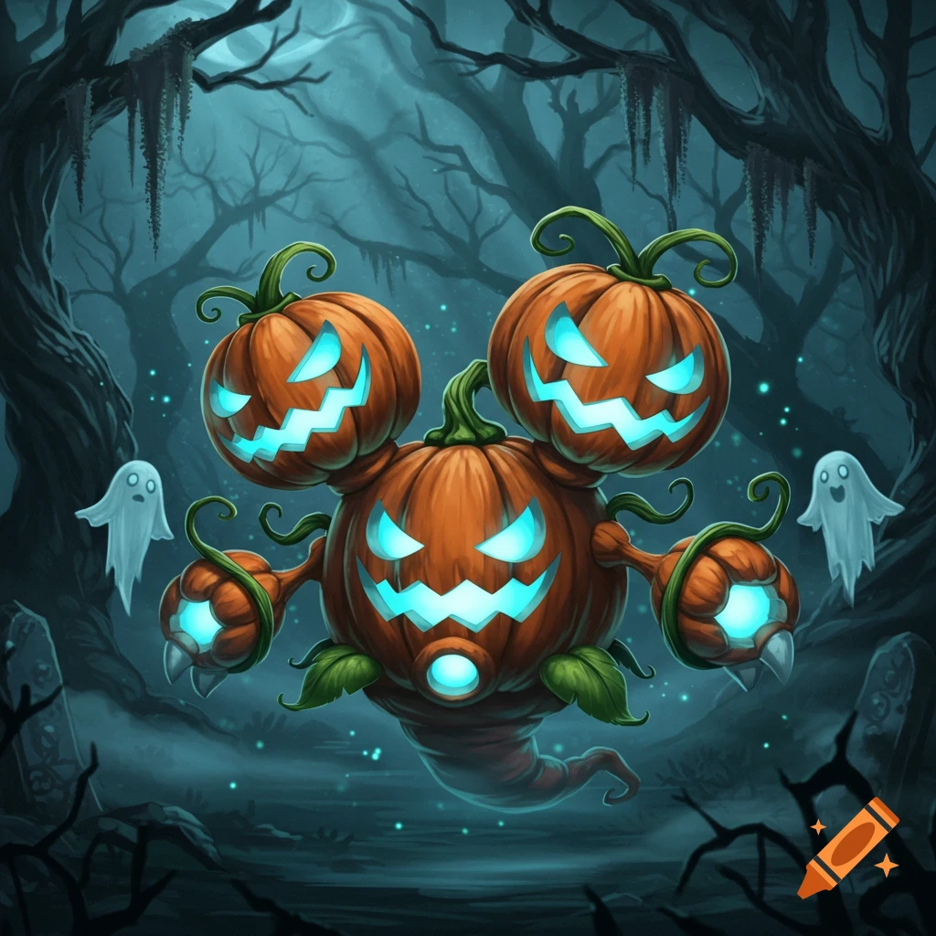 A glowing, multi-headed jack-o'-lantern creature resembling Weezing hovers in a spooky forest with ghosts.