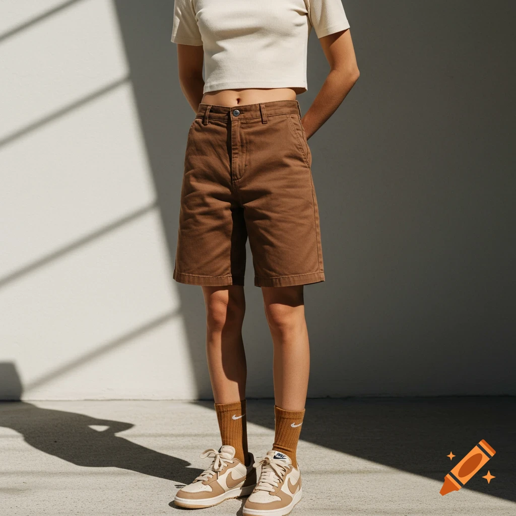 A person wearing a cream crop top, brown shorts, brown Nike socks, and beige Nike sneakers stands against a sunlit wall.