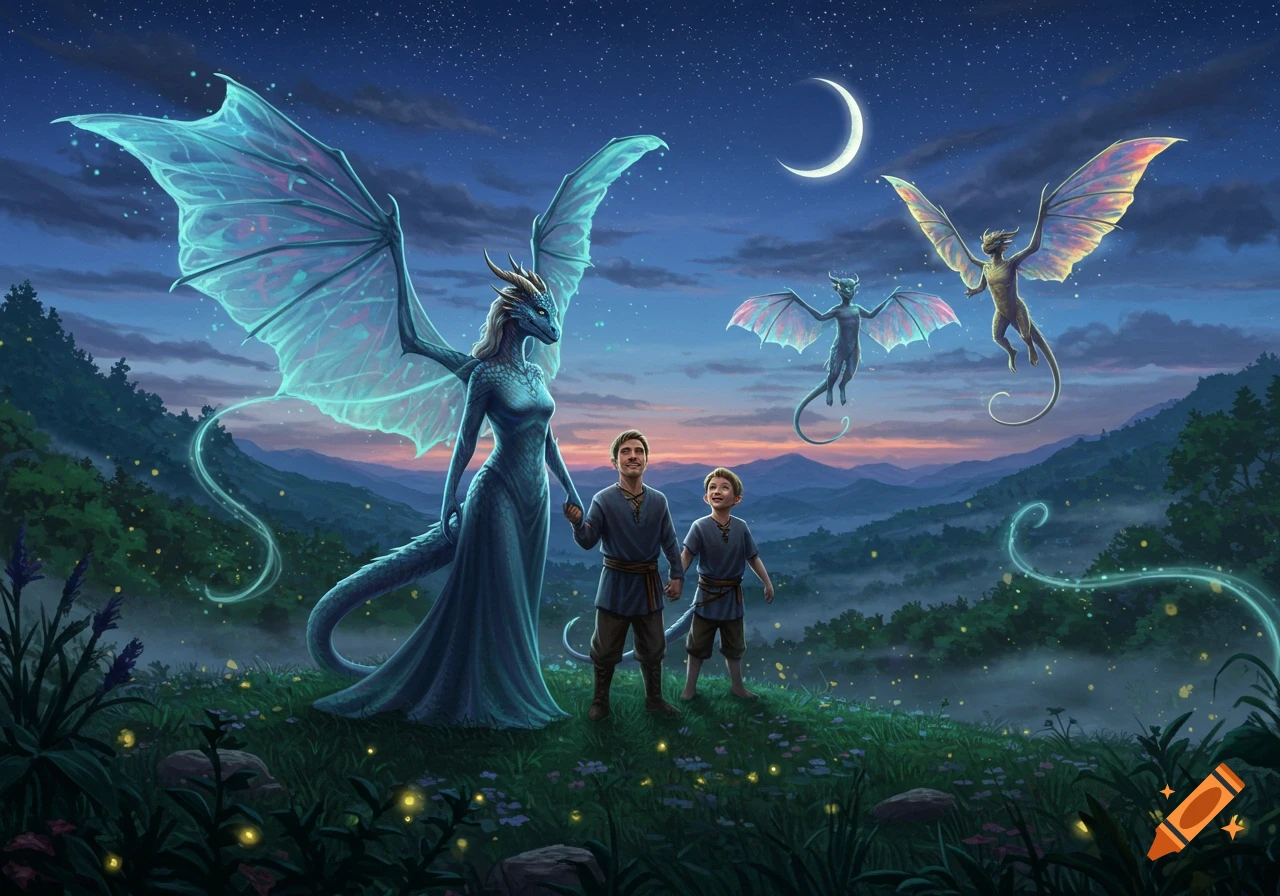 A blue dragon-woman, a man, and a boy hold hands in a glowing field, watching small dragons fly under a starry night sky and crescent moon.