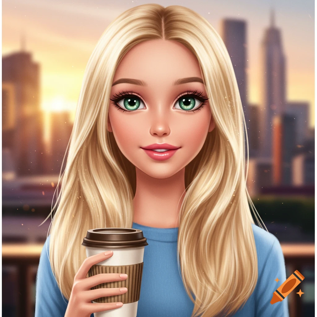 Cartoon portrait of a blonde Barbie-style girl with big green eyes, wearing a blue shirt, holding a coffee cup against a city sunset.