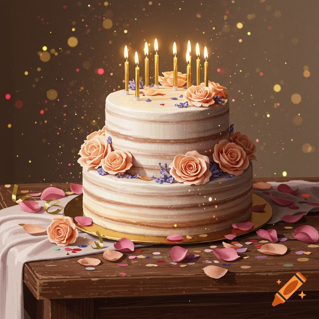 A two-tier birthday cake with lighted candles, peach roses, and confetti on a wooden table, in a painterly style.