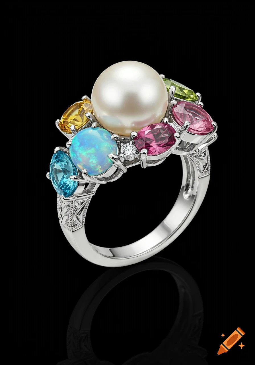 A close-up of a silver ring featuring a large white pearl surrounded by a blue opal, pink tourmalines, yellow citrine, and blue topaz gemstones.