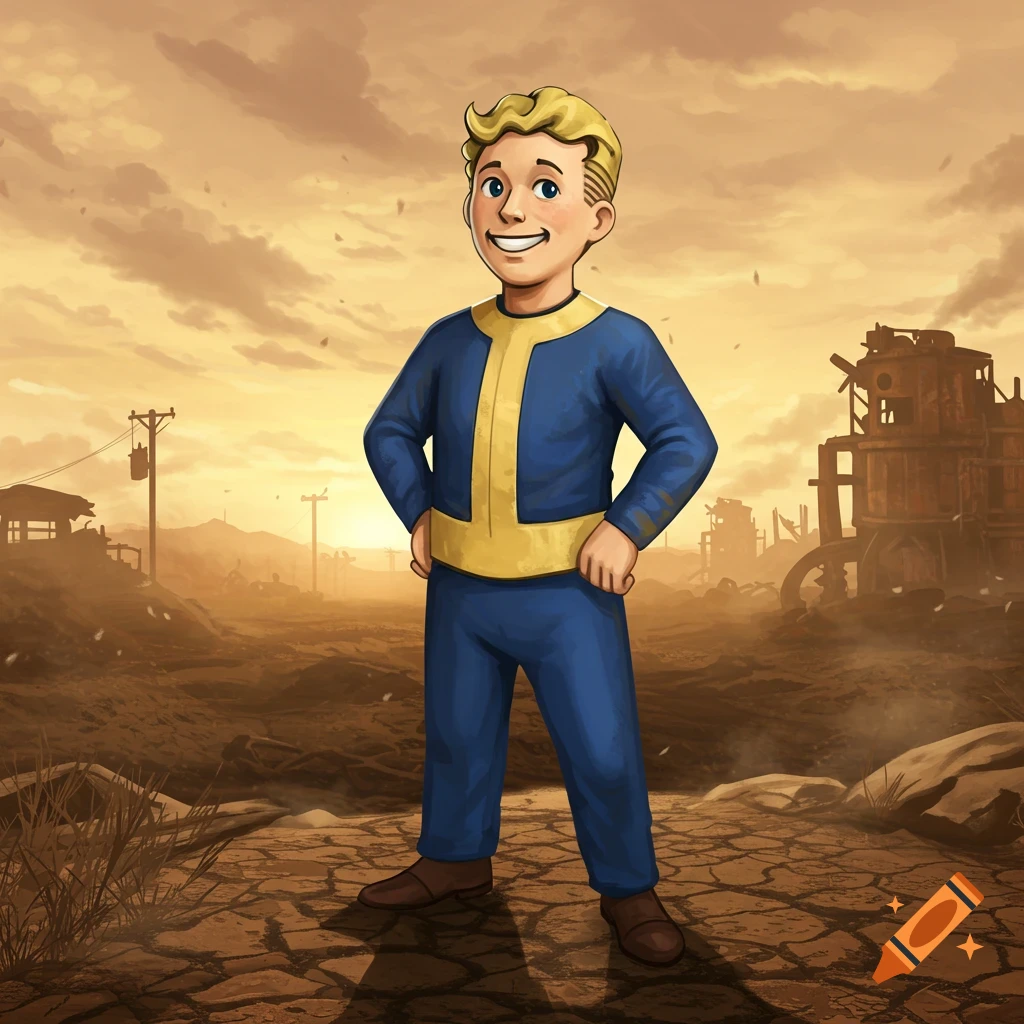 Cartoon illustration of Vault Boy from Fallout, standing in a desolate wasteland with a ruined city background under an orange sky.