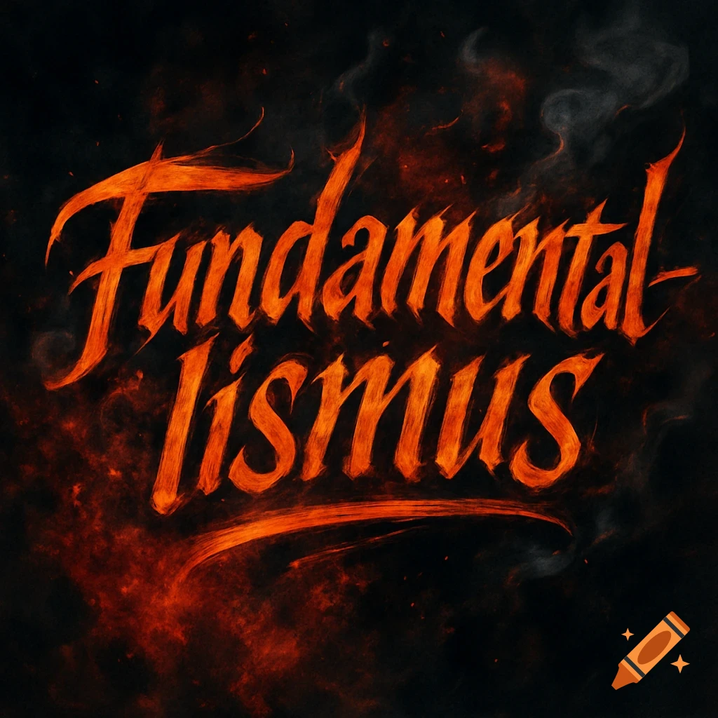 Fiery, calligraphic text spelling "Fundamentalismus" on a dark, smoky background.