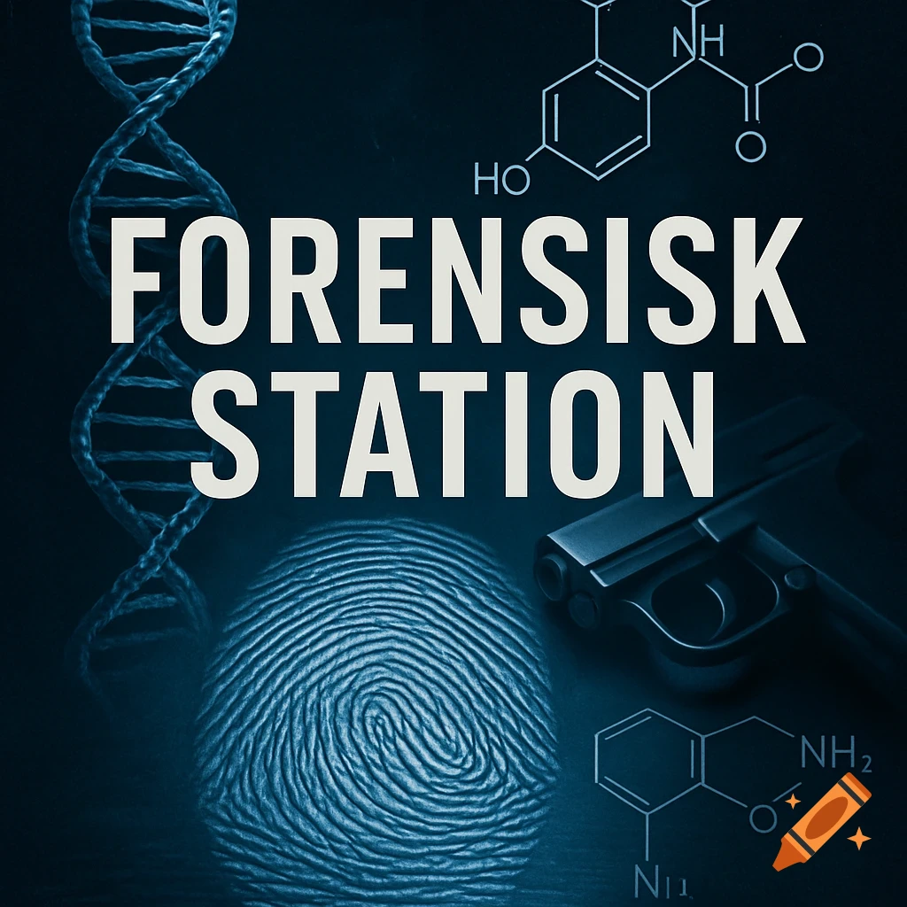 Text "FORENSIK STATION" over a background of a DNA helix, fingerprint, chemical structures, and a handgun.