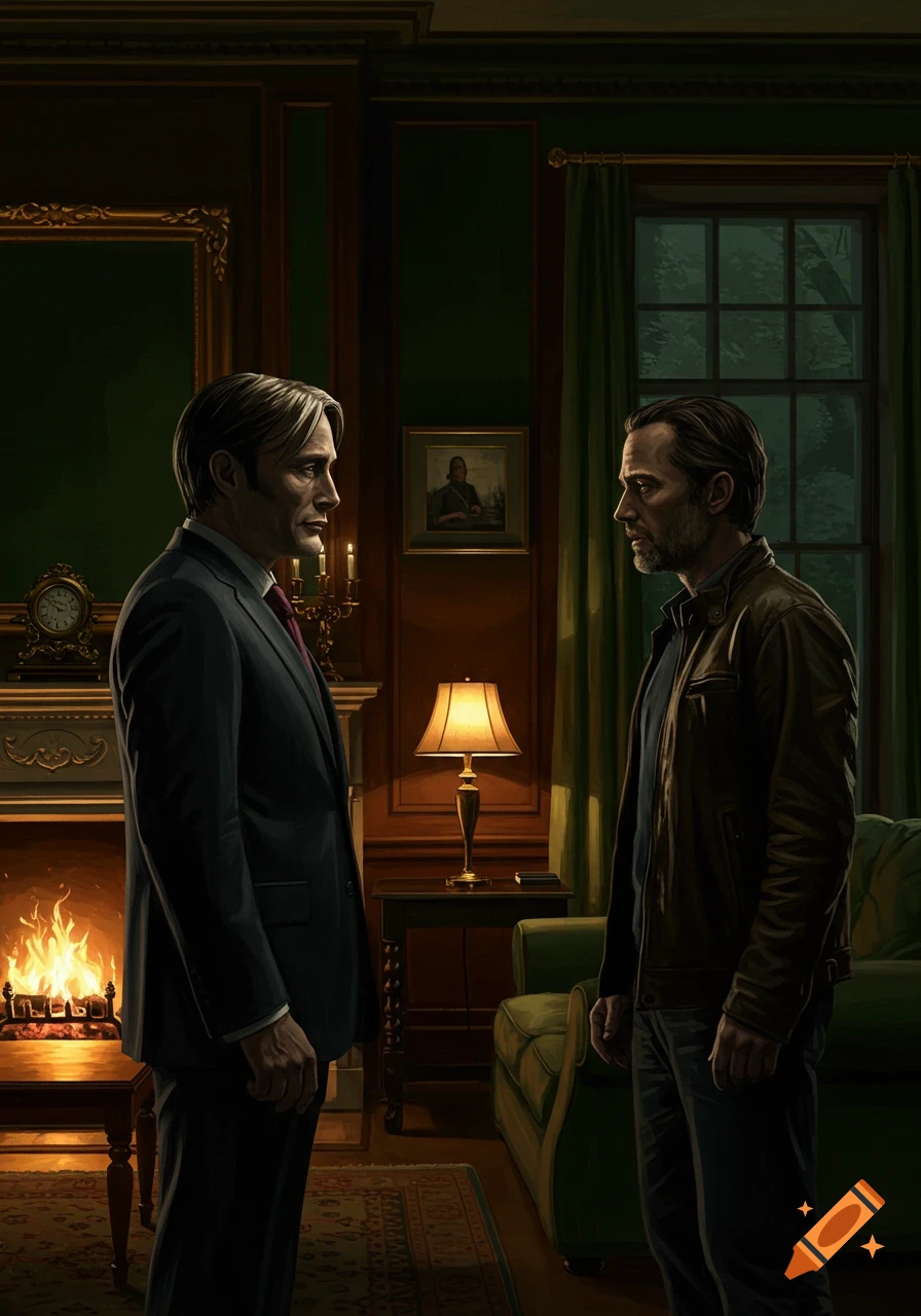 An illustration of two men, resembling Hannibal Lecter and Will Graham, looking at each other in a dark, stately room with a burning fireplace.