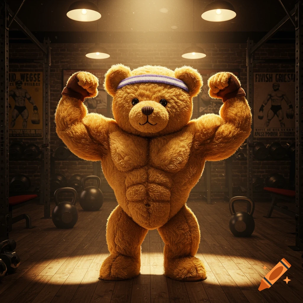 A muscular teddy bear wearing a headband and gloves flexes its biceps in a dimly lit gym.