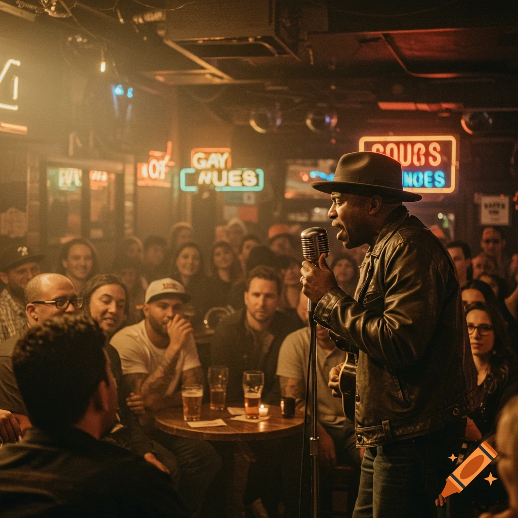 A man in a fedora and leather jacket sings into a microphone on stage in a dimly lit bar, with a crowd watching and neon signs in the background.