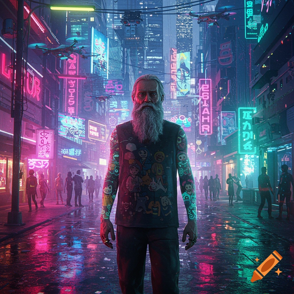 A bearded old man with cartoon tattoos stands on a wet, neon-lit cyberpunk street with tall buildings and drones.