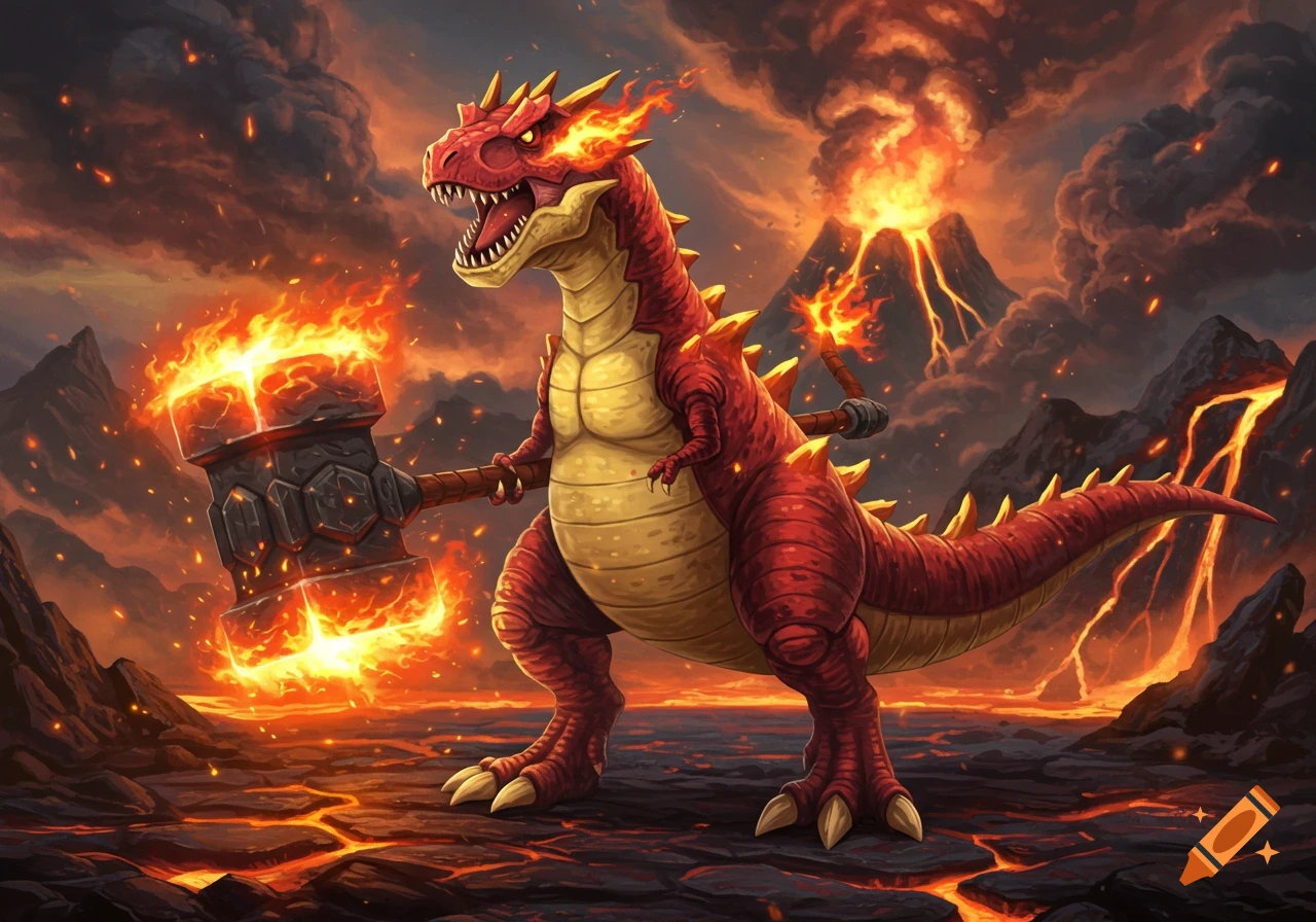 Red, T-Rex-like dragon Pokémon holding a fiery hammer in a dramatic volcanic landscape with lava and eruptions.