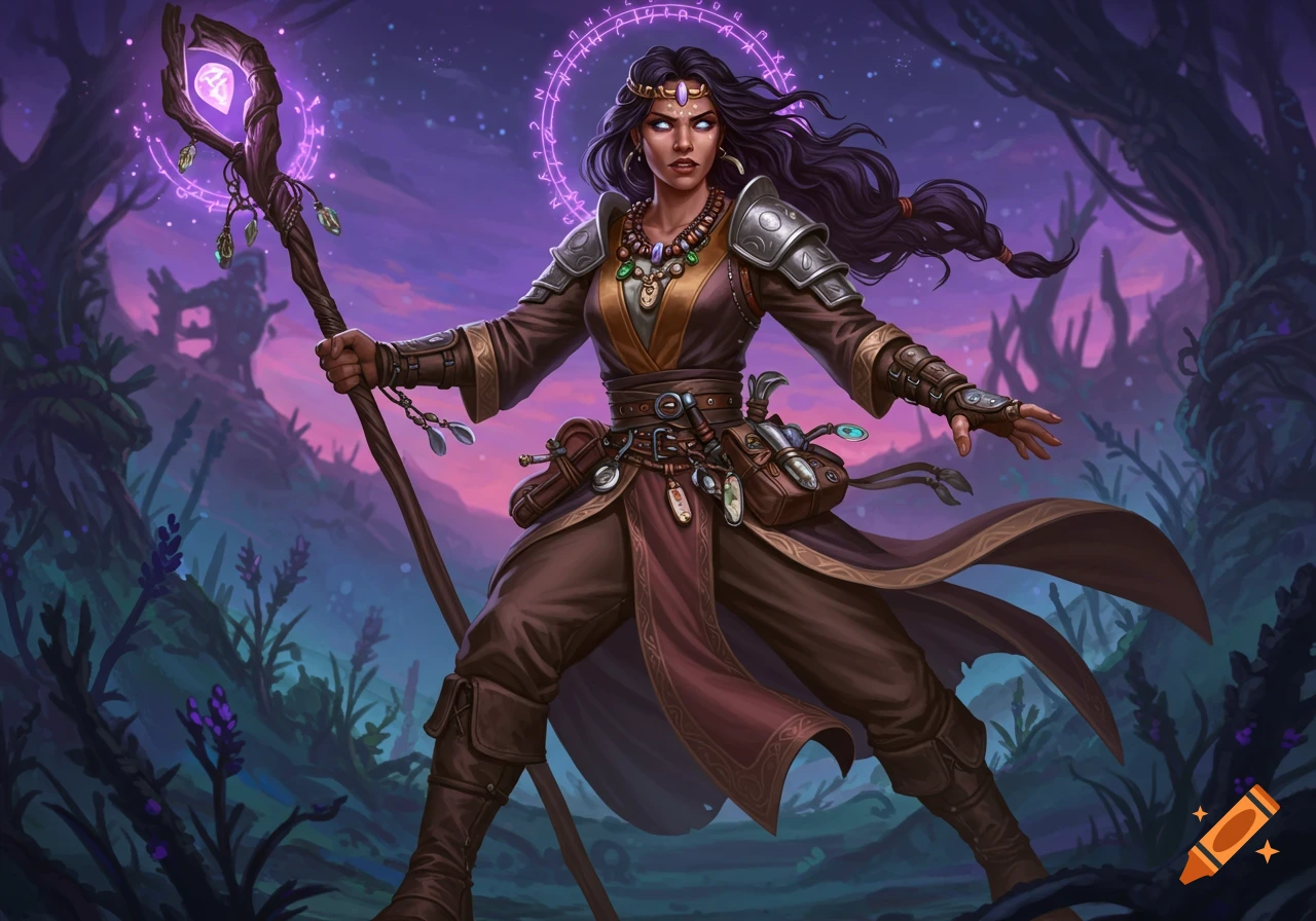 A powerful female sorceress with a magic staff, surrounded by a glowing arcane halo, stands in a twilight fantasy forest.