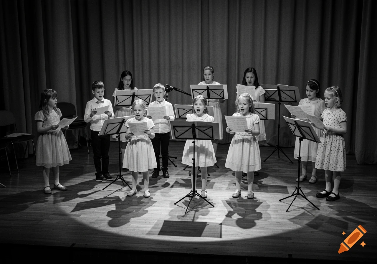 A children's choir of boys and girls sings from sheet music on a stage under a spotlight, against a dark curtain background, in black and white.