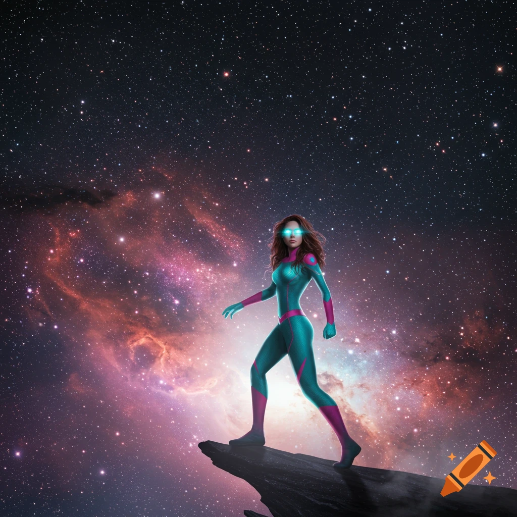 A superheroine with glowing turquoise eyes stands on a rocky outcrop against a vibrant starry galaxy.