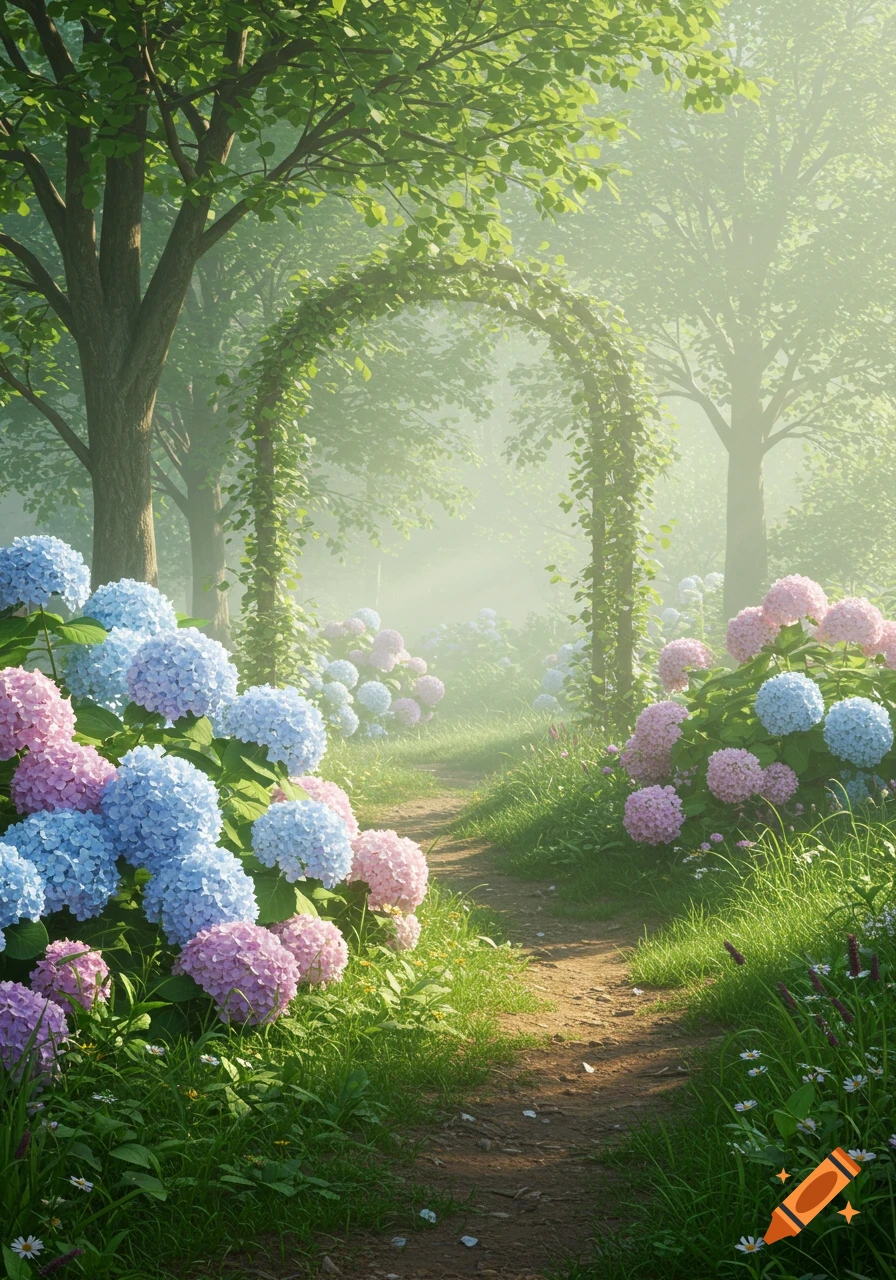 A dirt path winds through a misty garden, bordered by abundant pink and blue hydrangeas and archways covered in green vines, with tall trees in the background.