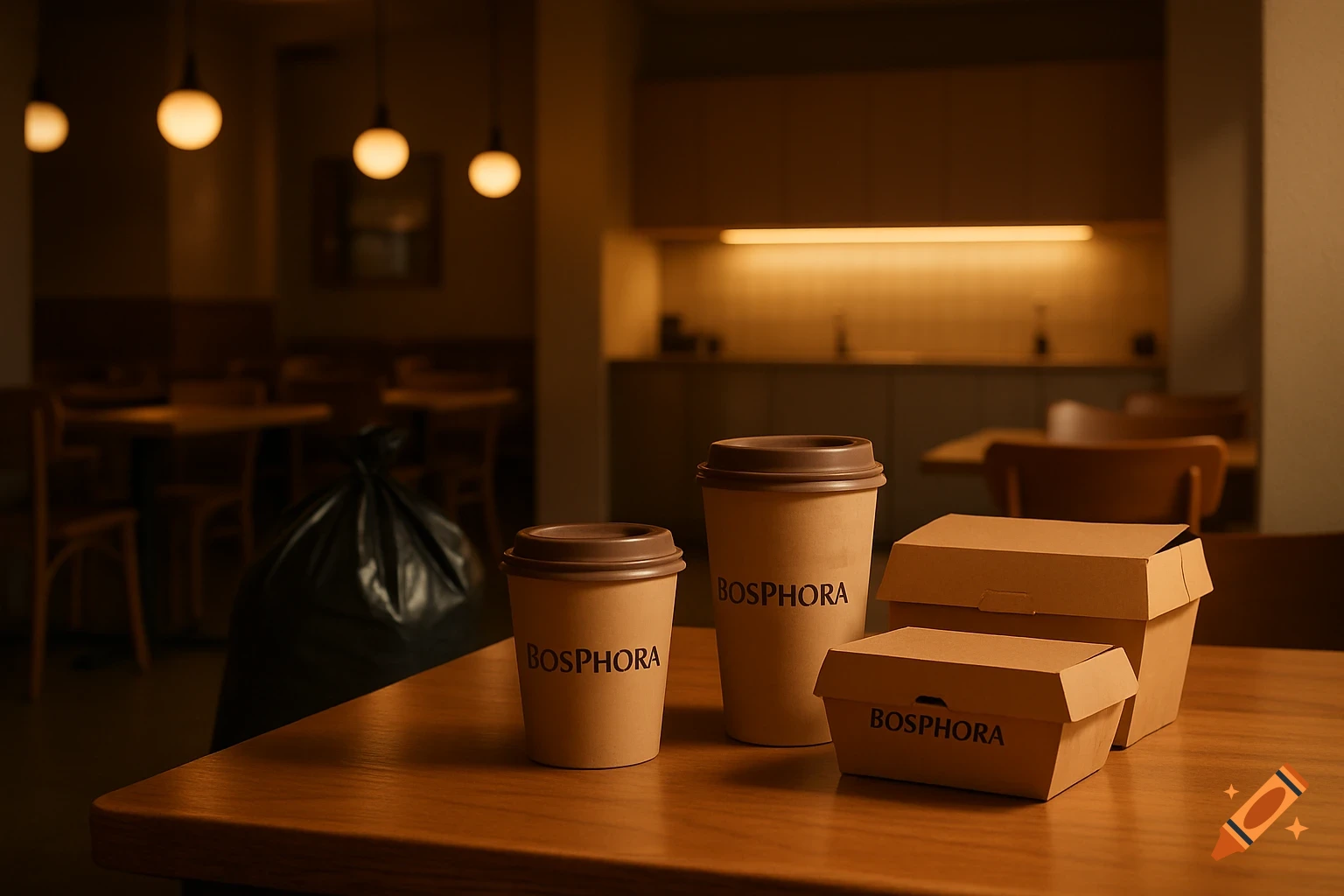 BOSPHORA-branded coffee cups and to-go food containers on a wooden table in a warm, modern restaurant interior, photorealistic style.
