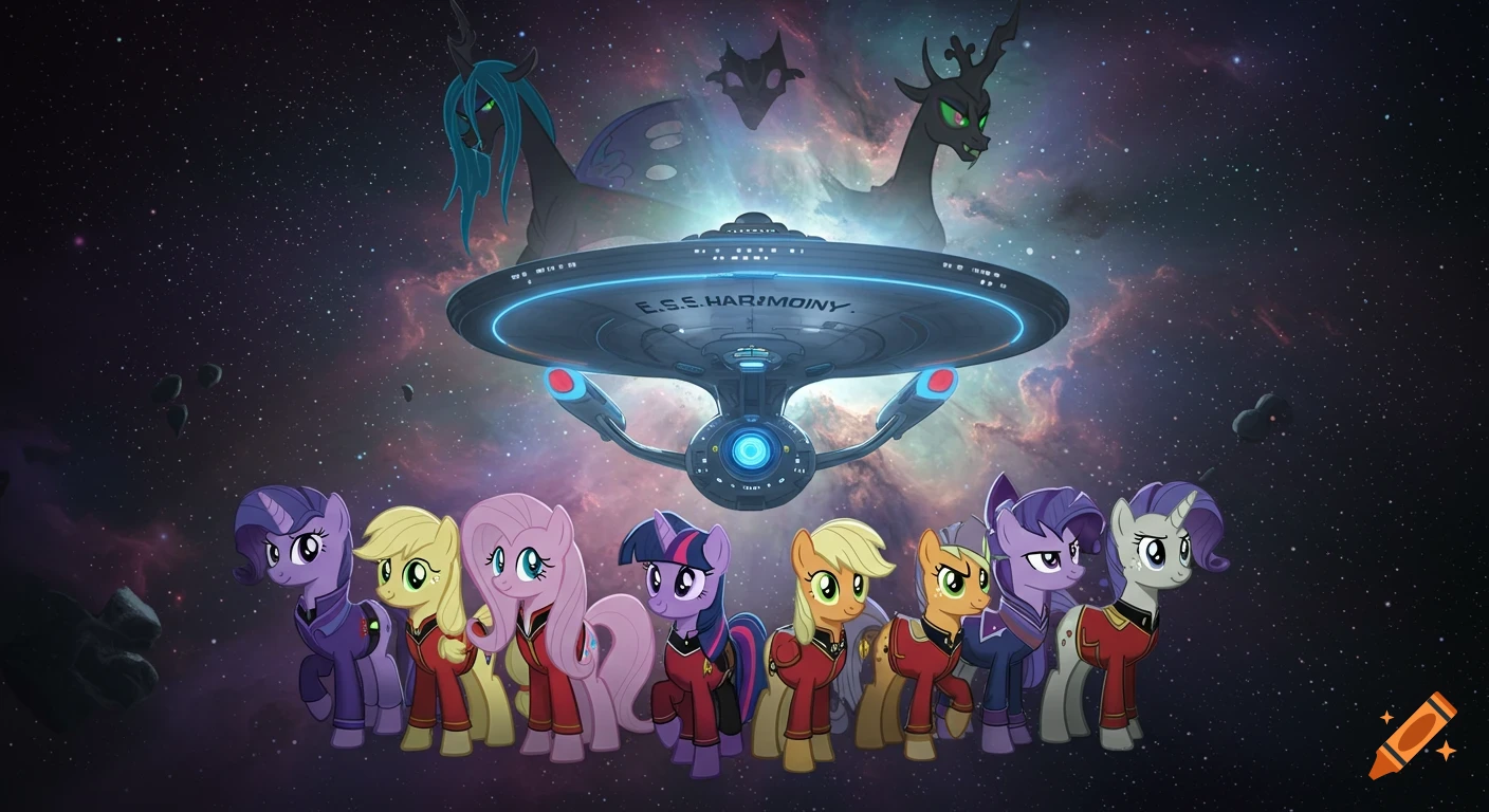 My Little Pony characters in Star Trek uniforms stand before a starship in space, with villains Queen Chrysalis and Discord floating above.