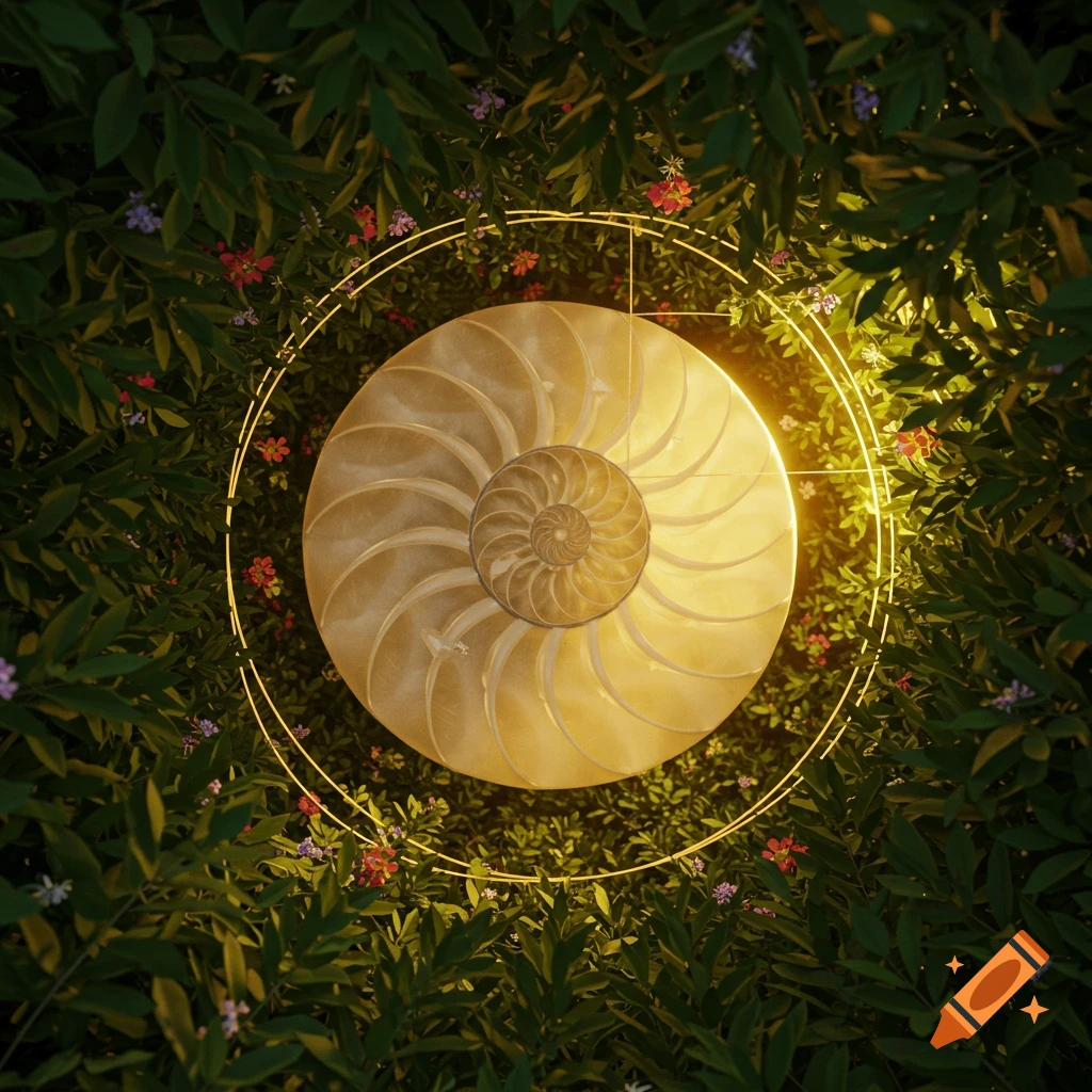 A glowing golden nautilus shell with a prominent spiral pattern nestled in lush green leaves and small colorful flowers.