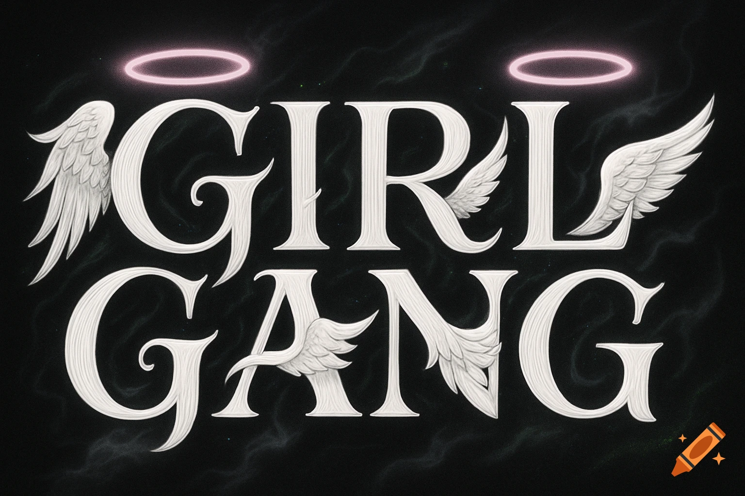 Text 'GIRL GANG' in white ornate letters with angelic wings and pink halos on a dark, smoky background.