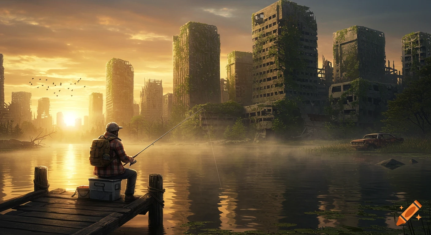 A lone fisherman on a pier faces a lake with a misty, post-apocalyptic city in the background at sunset, photorealistic.