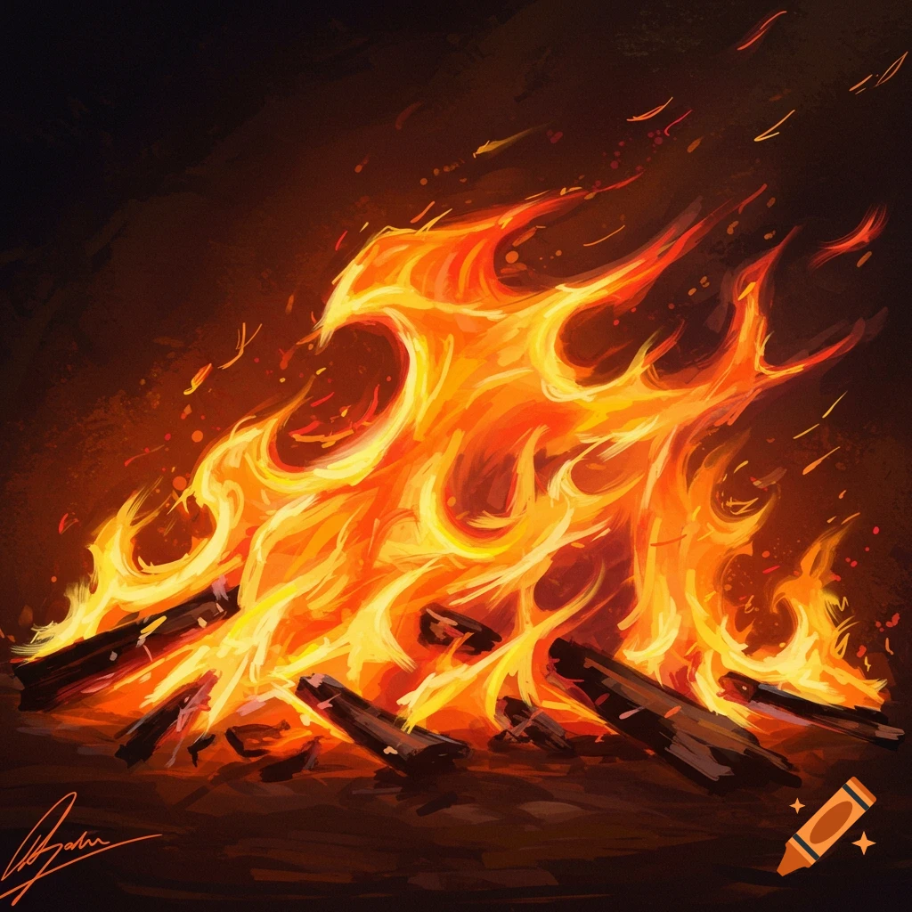 Vibrant painted illustration of a roaring campfire with bright orange and yellow flames over burning logs.
