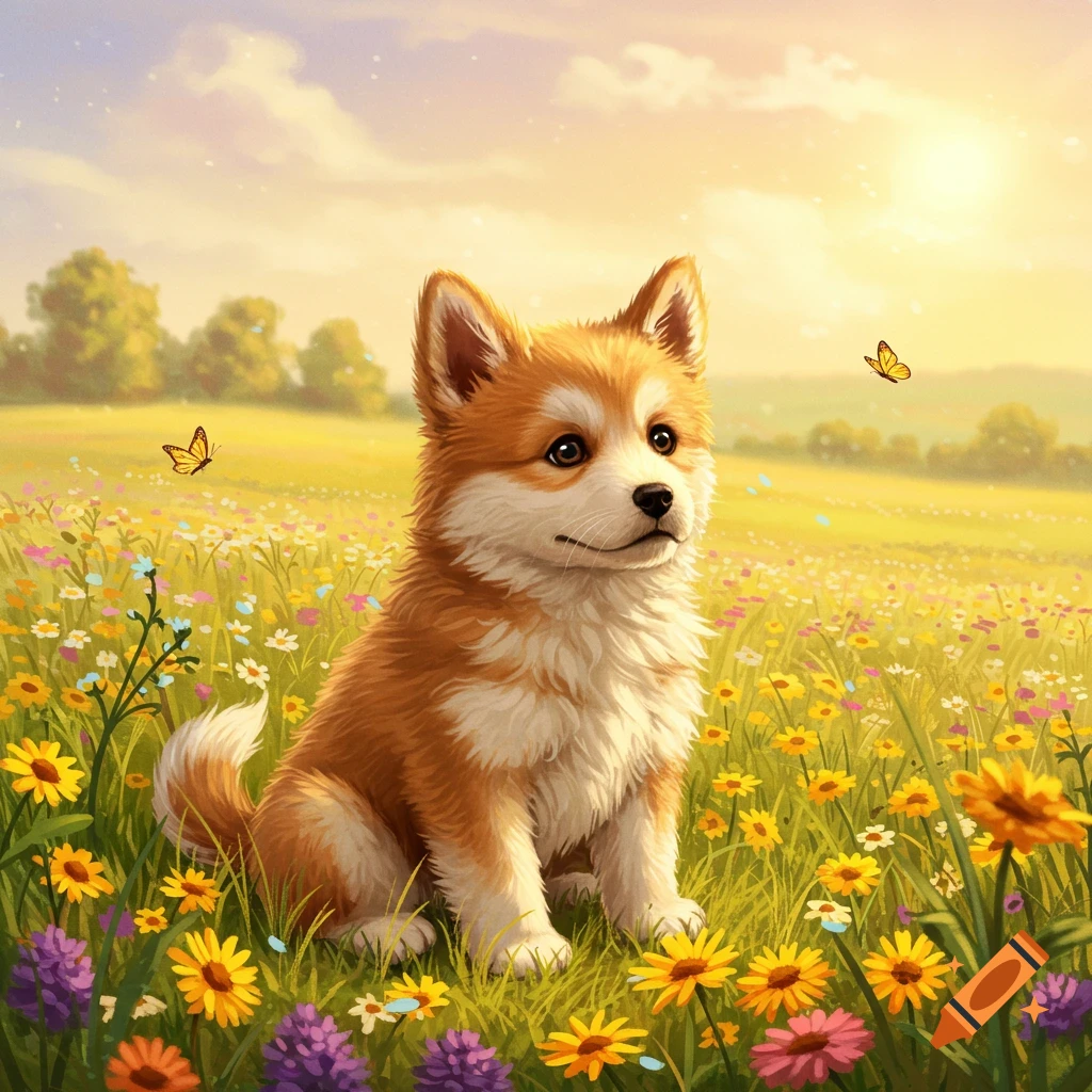 A cute fluffy brown and white puppy sits in a vibrant field of colorful wildflowers under a sunny sky with butterflies.