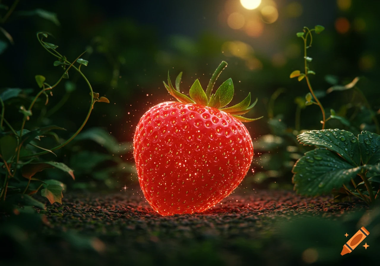 A vibrant red strawberry, sparkling with glitter, sits on dark soil surrounded by green foliage with dew drops, bathed in soft, golden light.