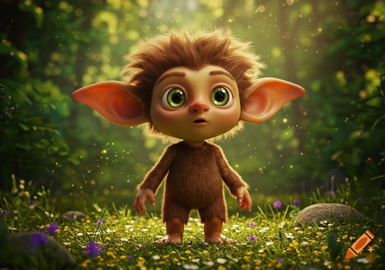 A cute, fuzzy, brown goblin creature with large pointed ears and huge green eyes stands in a lush, magical forest with sparkling lights.