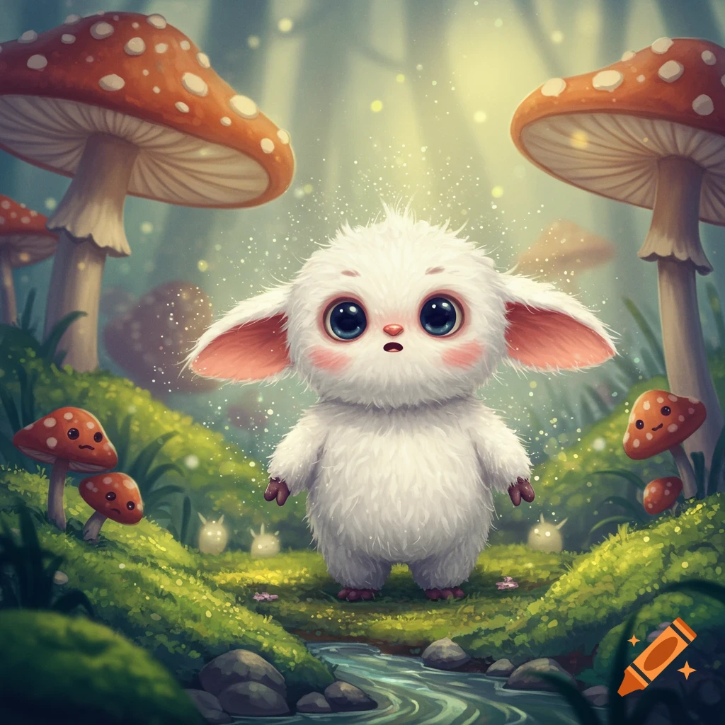 A fluffy white creature with big blue eyes and pink ears stands in a whimsical forest with red-spotted mushrooms and glowing particles.