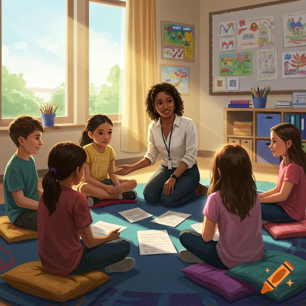 A diverse school counselor sits on the floor in a sunny classroom, talking with four children sitting on colorful cushions around her.
