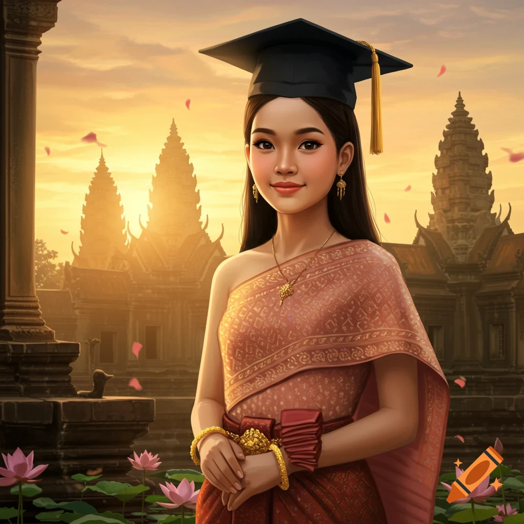 A Cambodian girl in traditional attire and a graduation cap smiles in front of ancient temples at sunset.