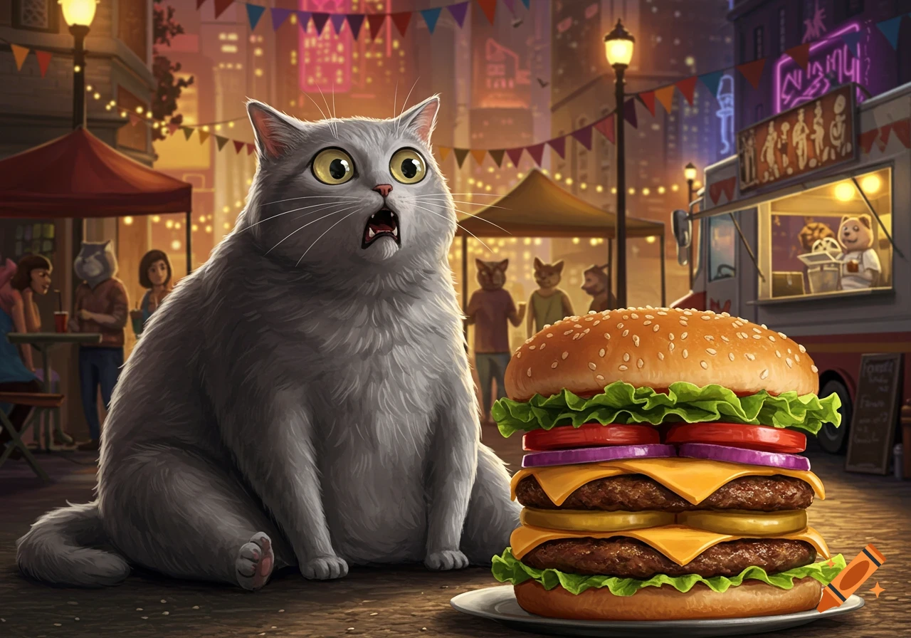 A surprised, fluffy gray cat stares wide-eyed at a giant burger on a plate in a vibrant city street market at dusk.
