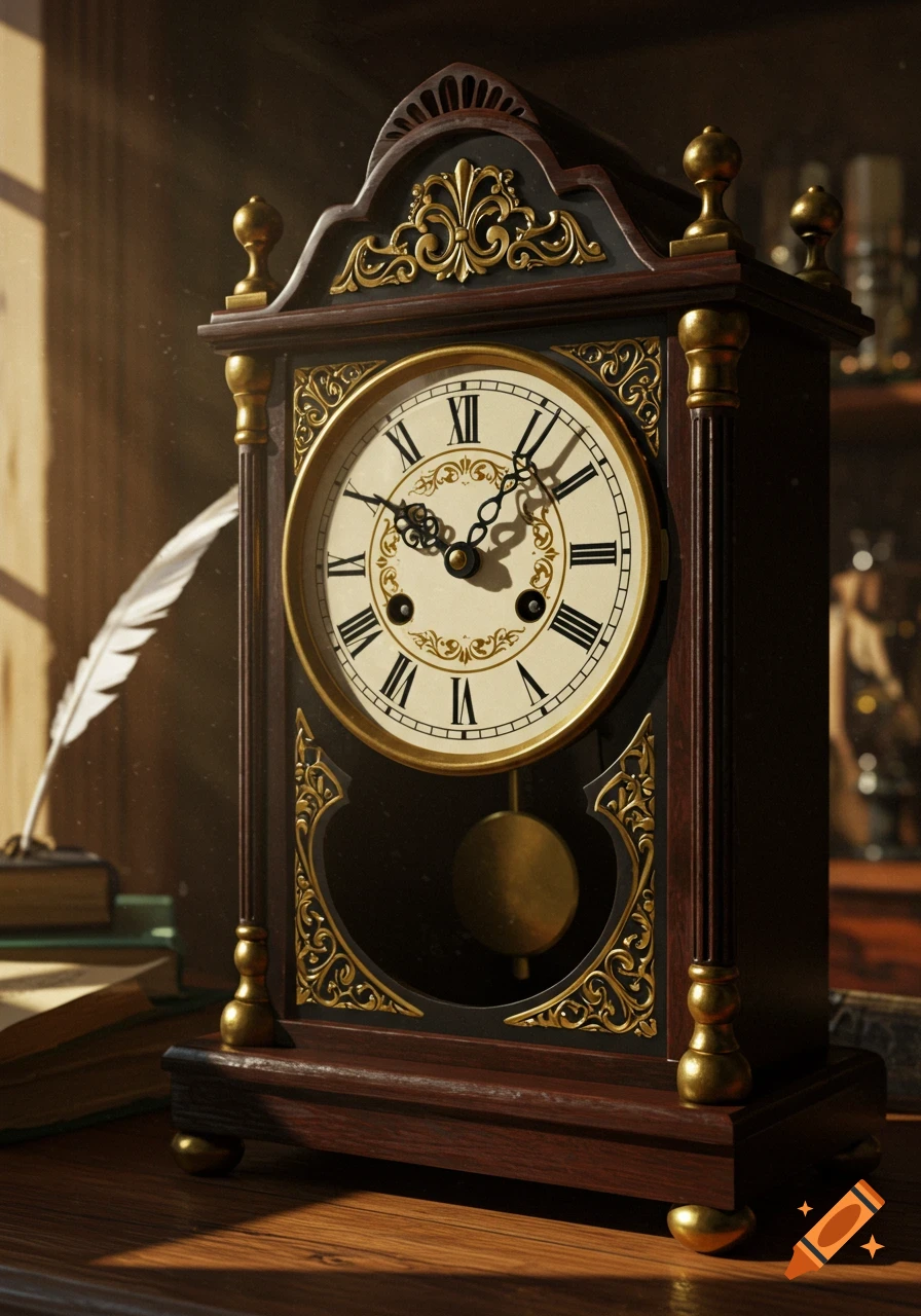 A detailed, ornate antique mantel clock with Roman numerals and a pendulum, illuminated by warm light.