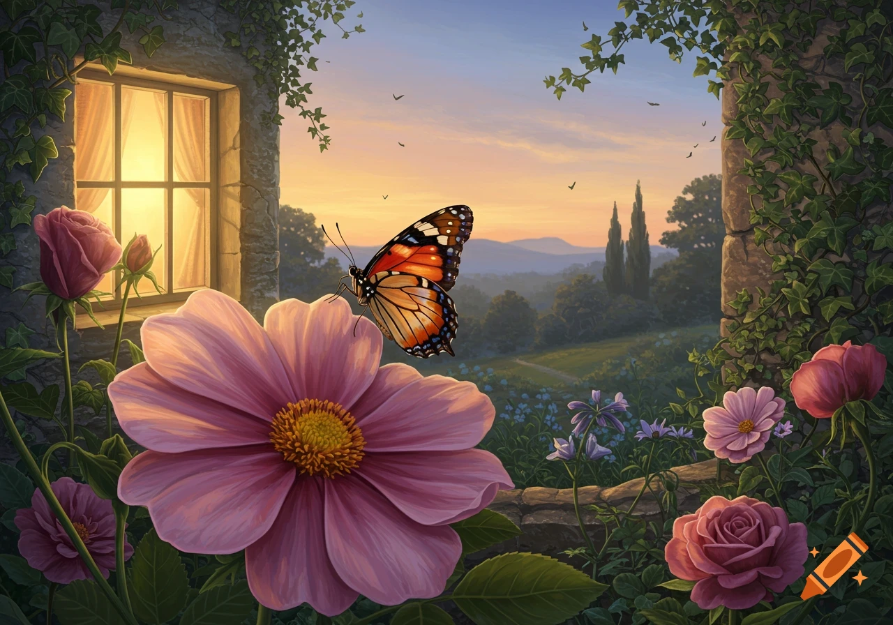 A monarch butterfly on a large pink flower, with pink roses and ivy on a stone wall next to a sunlit window, overlooking a sunset garden.