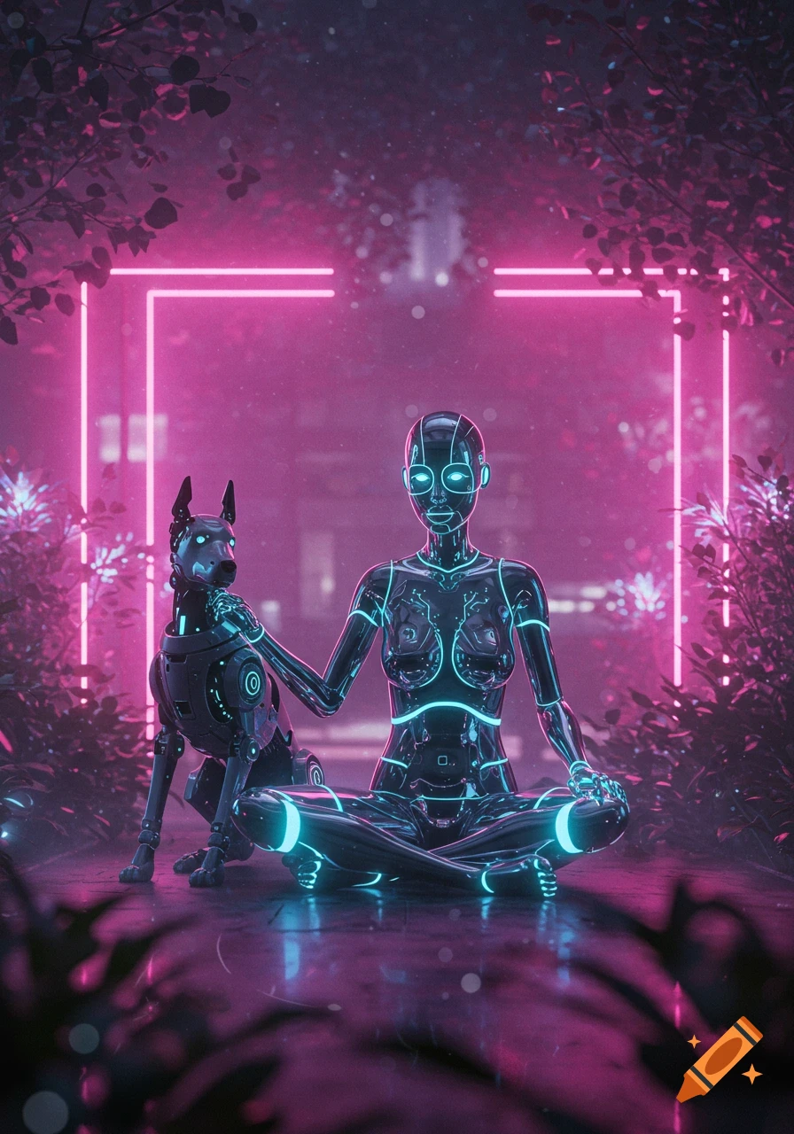 A robot woman sits cross-legged next to a robot dog in a neon-lit, futuristic garden with glowing plants and geometric frames.