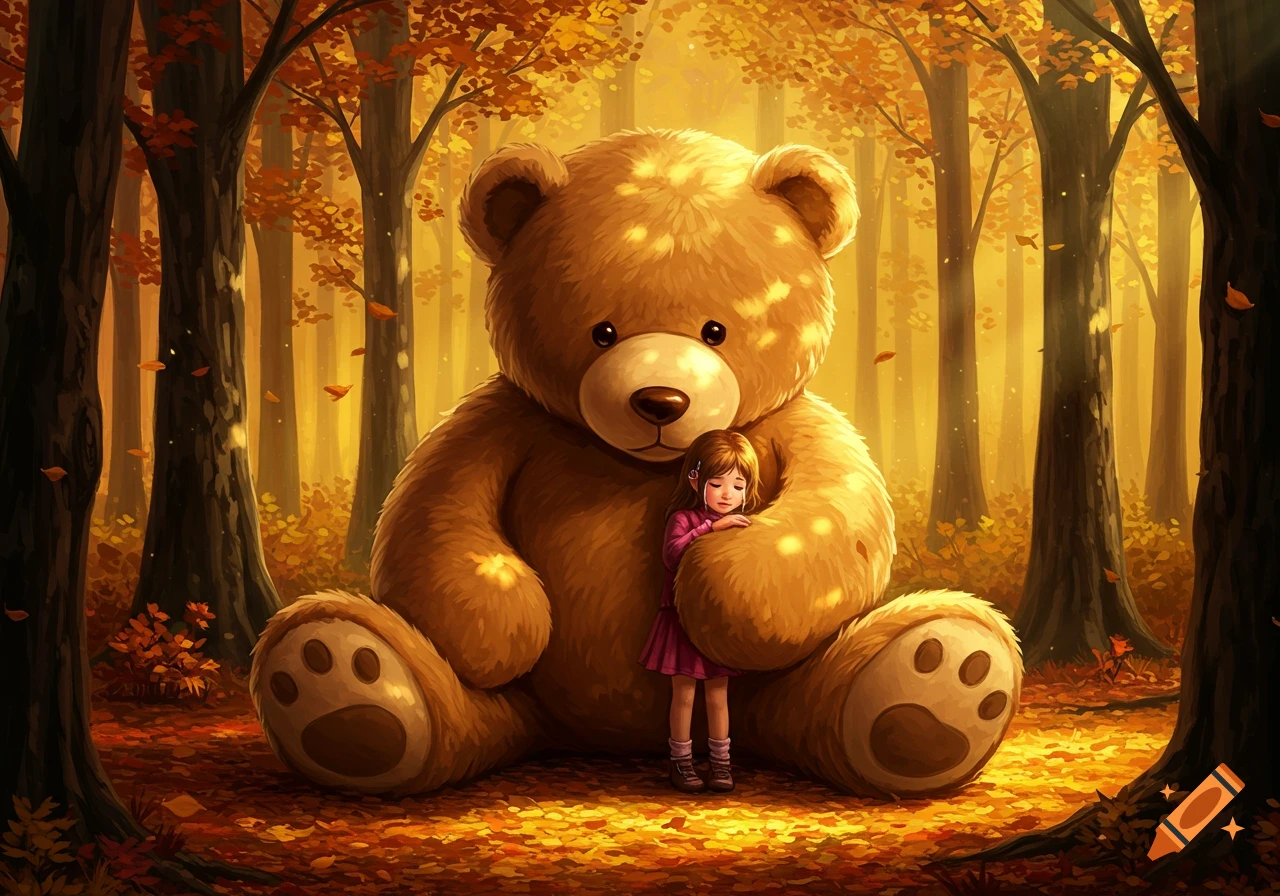 A giant fluffy brown teddy bear sits in a warm autumn forest, gently holding a small crying girl in a pink dress amidst golden leaves.