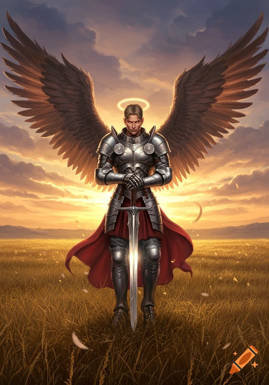 A male warrior angel in shining armor with large wings stands in a golden field at sunset, holding a sword.