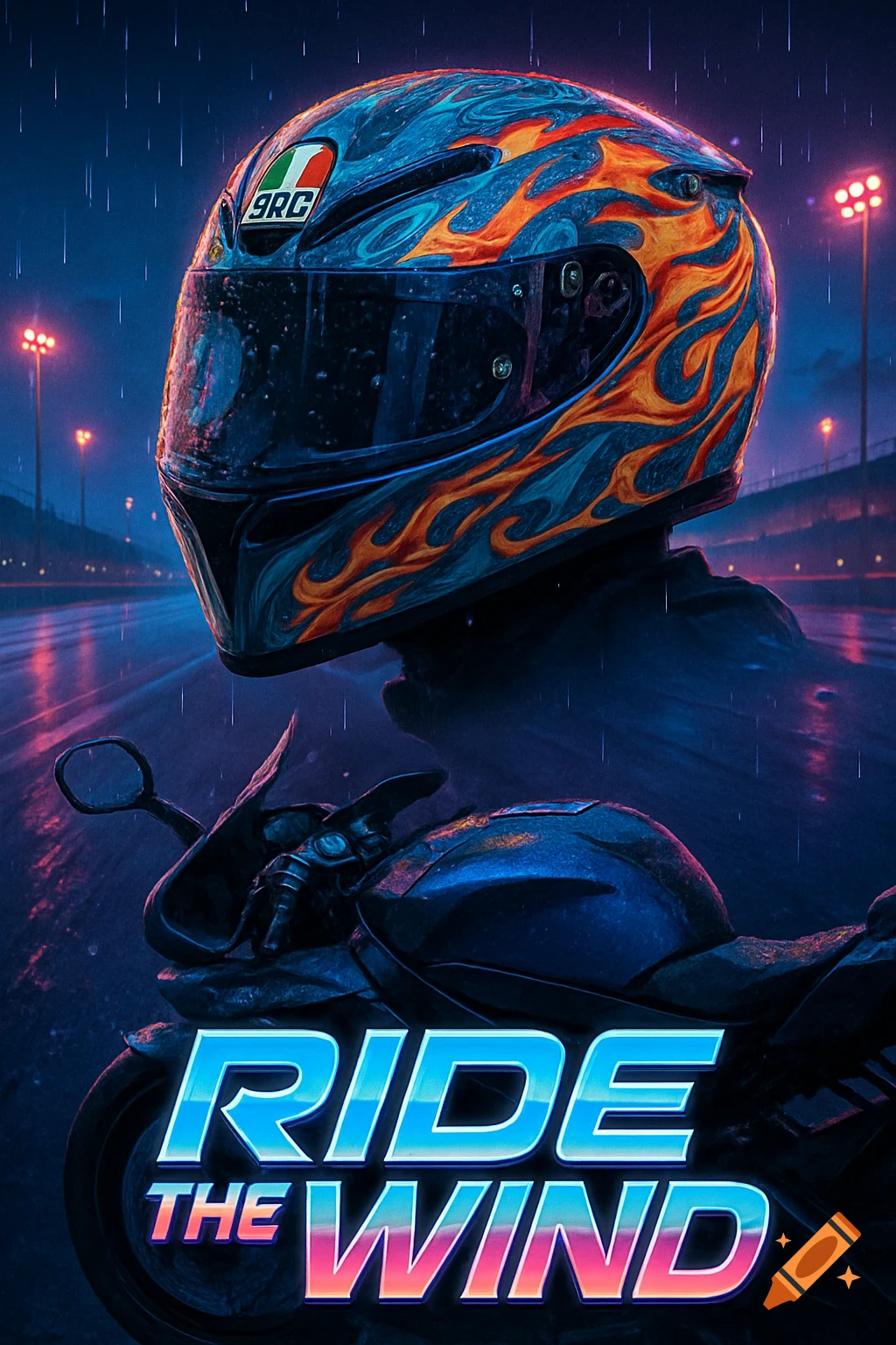 A stylized image of a motorcycle helmet with orange and blue flame decals, sitting above a blue motorcycle on a rainy night road with city lights, text reads "RIDE THE WIND".