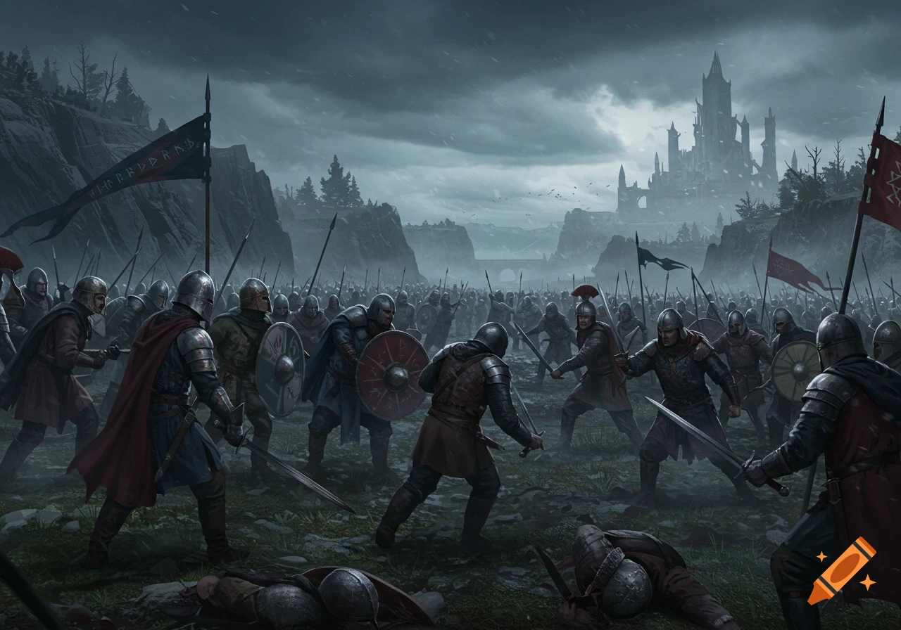Armored soldiers battle on a stormy field with a dark fantasy castle in the background.