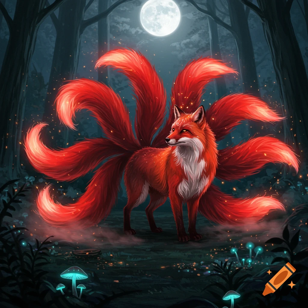 A majestic red fox with nine glowing red tails stands in a dark, mystical forest under a full moon, with glowing flora.
