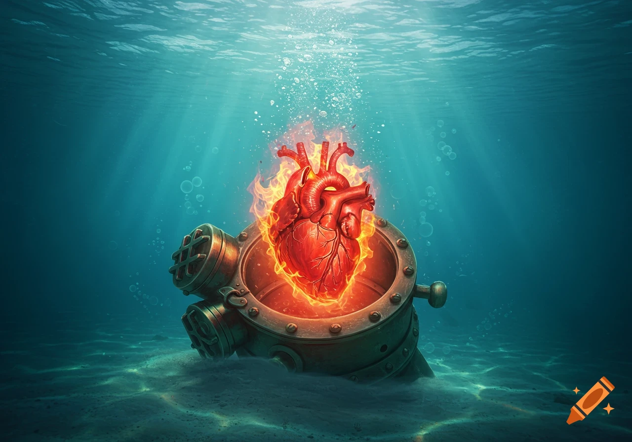 A vibrant, flaming anatomical heart rests inside a vintage diving helmet on the sandy ocean floor, with light filtering from above.
