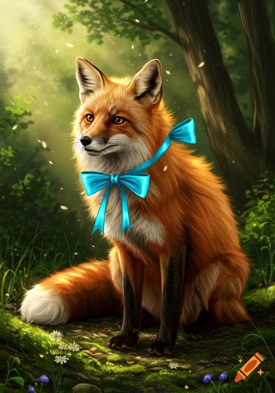A beautiful red fox with a bright blue bow sits in a sunlit, green forest, depicted in a digital painting style.